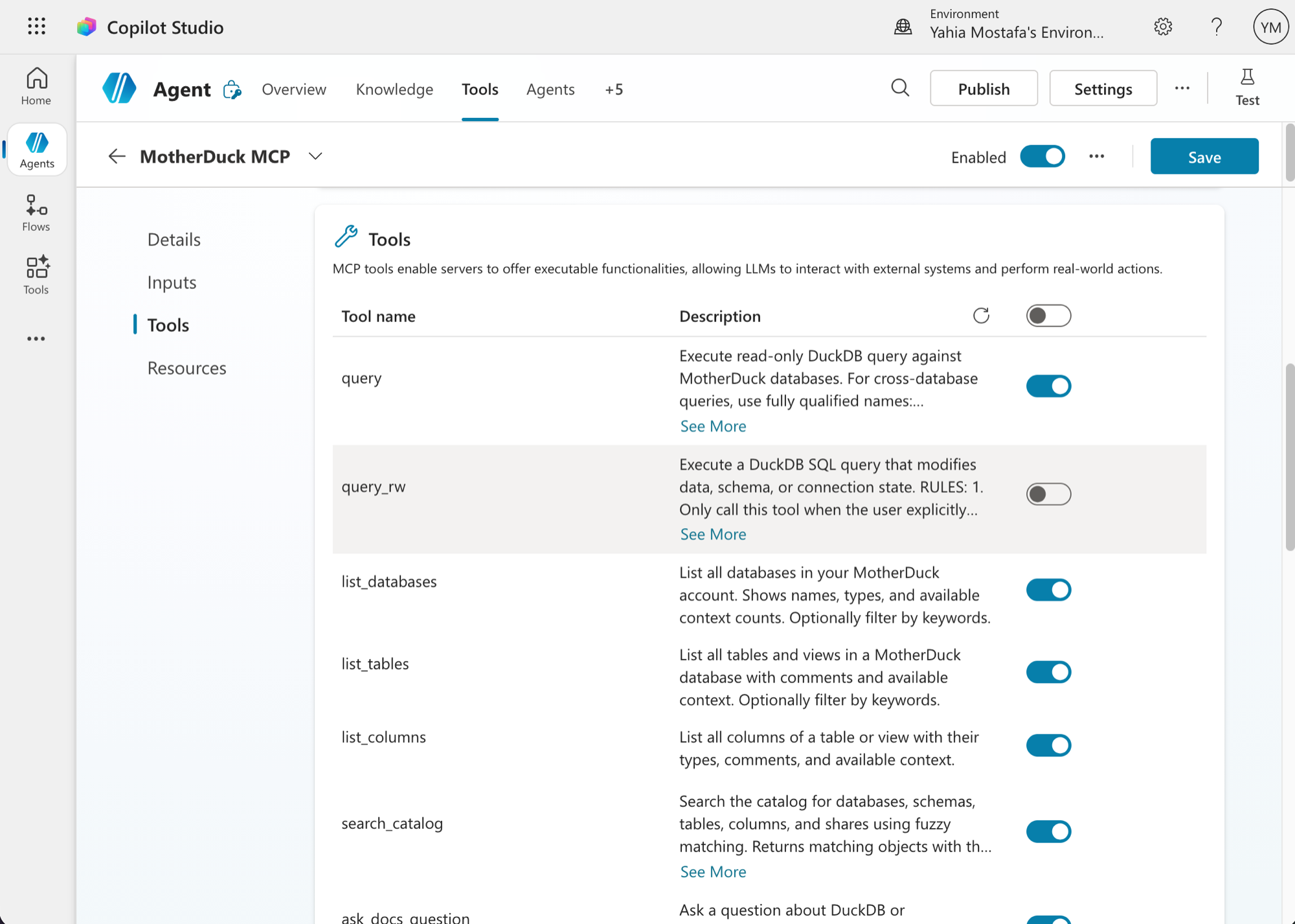 MotherDuck MCP tool list with toggles for query, query_rw, list_databases, list_tables, list_columns, search_catalog, ask_docs_question, and others