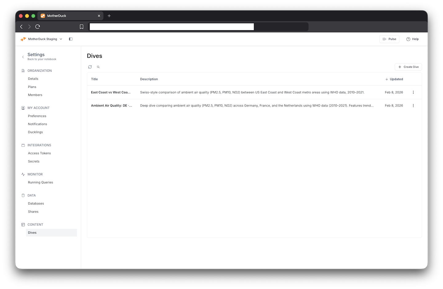A screenshot of the dives settings and overview in the MotherDuck UI