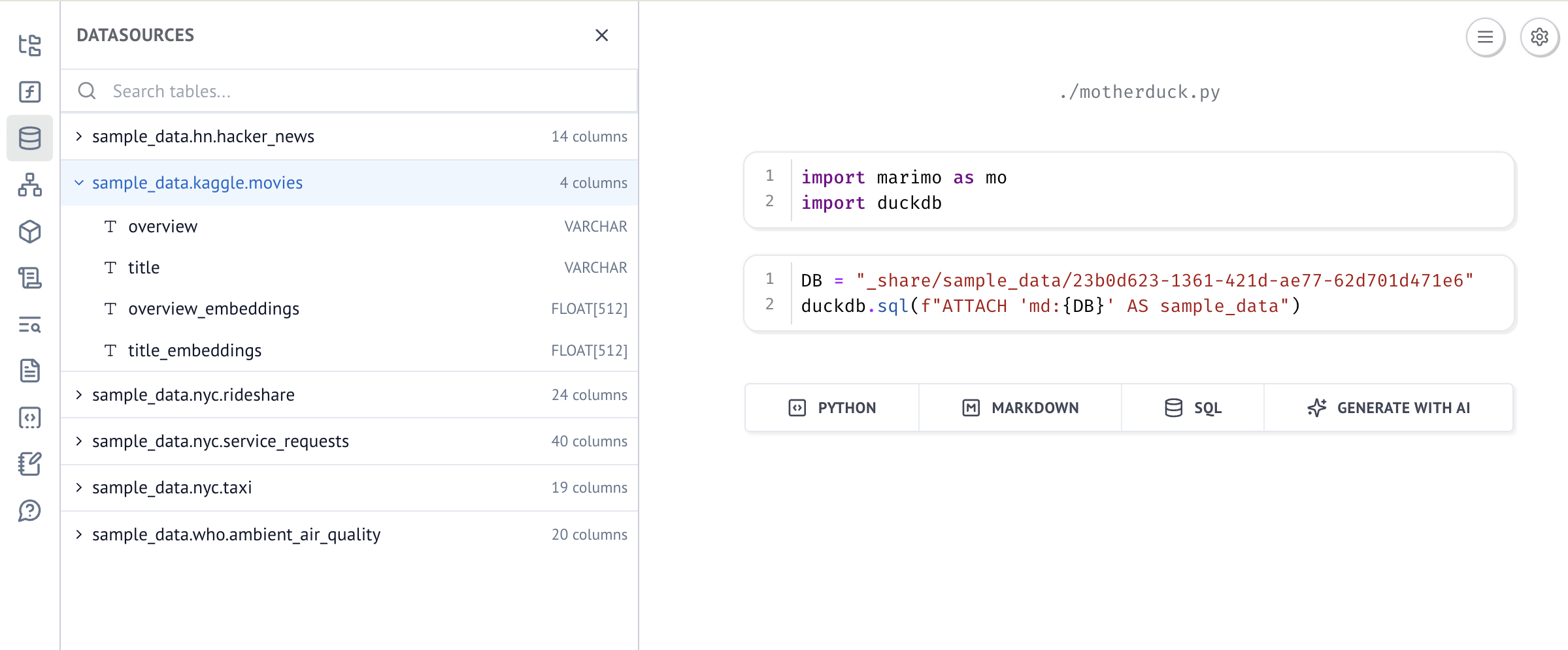 Browse your MotherDuck databases