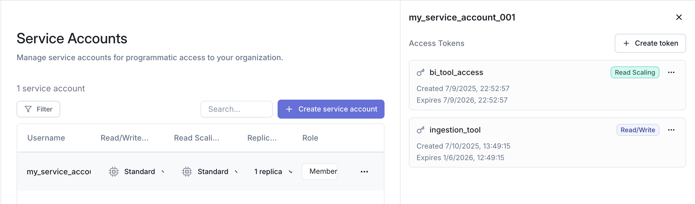 Service account management page