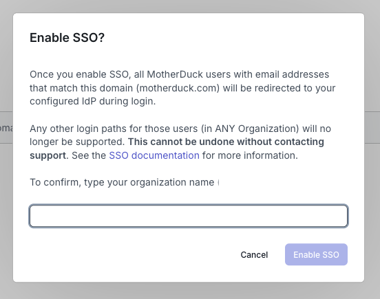 SSO configuration dialog to confirm enabling SSO
