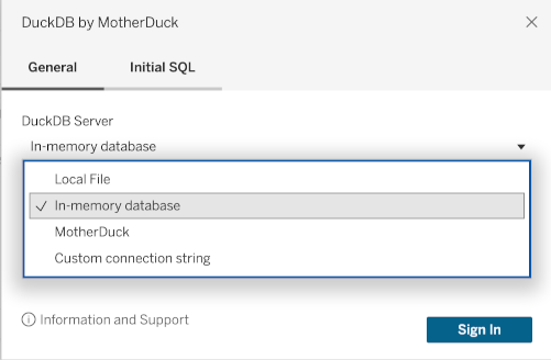 DuckDB Server dropdown